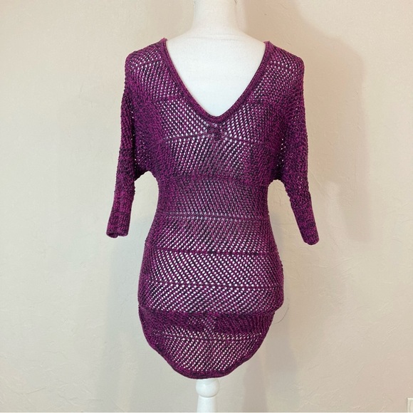 Express Purple Black Open Knit Sheer 3/4 Sleeve V-neck Sweater Small - Picture 3 of 6